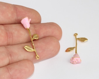 22x37mm 24k Shiny Gold Rose Pendant, Flower Charm, Gold Charm, Pink Rose Flower Pendant, Necklace Charm, Gold Plated Findings, MLS789
