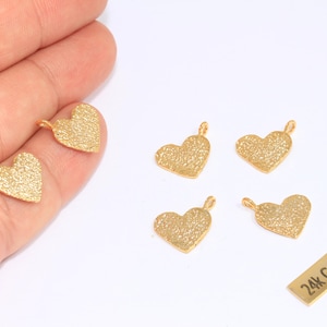 12x13mm 24k Shiny Gold Heart Charms, Love Necklace, Textured Heart Beads, Mini Necklace Heart Pendant, Gold Plated Findings, CHK111-8
