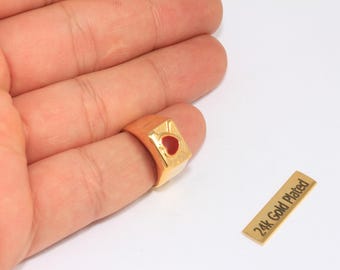 24k Shiny Gold Heart Ring, Adjustable Cube Gold Ring, Red Enamel