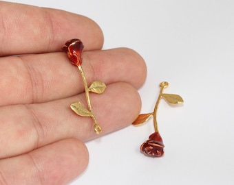 24k Gold Plated Rose Pendant, Red Enamel Flower Charm (22x37mm), MLS790