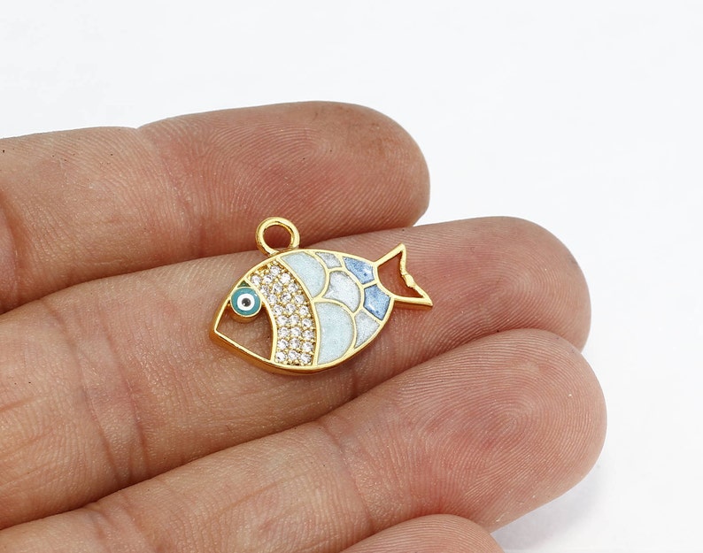 Pisces Pendant 3 Pcs 16x22mm 24k Shiny Gold Fish Charms Enamel Fish Charms CZ Bracelet Charms ZRCN647 Micro Pave Charms Fish Pendant