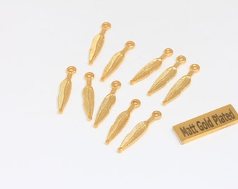 5x26mm 24k Shiny Gold Plated Feather Charms, Leaf Pendant, BRT49
