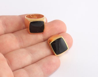 17-18mm 24k Shiny Gold Rings, Black Enamel Square Rings, Gold Statement Rings, Band Rings, Large Cube Rings, Gold Plated Rings, ETS188