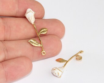 24k Gold Plated White Rose Pendant, Flower Charm (22x37mm), MLS791