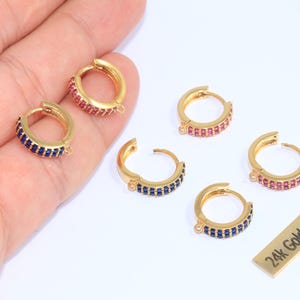 14mm 24k Shiny Gold Hoop Earrings, Micro Pave Huggie Hoops, CZ Optional Stone Color Hoop Earrings With Loop, Gold Plated Earrings, CHK96-3