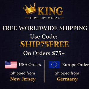 Può includere: Sfondo blu scuro con testo dorato e logo a corona dorata. Il testo recita "KING - JEWELRY METAL -" e "SPEDIZIONE GRATUITA IN TUTTO IL MONDO". Mostra anche "Usa il codice: SHIP75FREE" e "Su ordini da $75+".