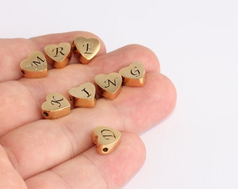 10mm 24k Shiny Gold Letter Charms, Heart Letter Beads, Personalized Letter Necklace, Initial Charms, Heart Shaped Letter Beads, HRF72