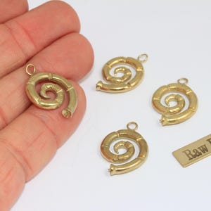 May include: Four gold-coloured brass spiral charms and a small rectangular tag with the text "Raw Brass". The charms have a loop at the top for attaching to jewellery. The items are on a white surface.