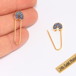 10 x 32 mm 24-karaats glanzende gouden veiligheidsspeldoorbellen, CZ micro-pave pin-oorbellen, statement-oorbellen, veiligheidsspeld doortrekbare oorbellen, MTE847