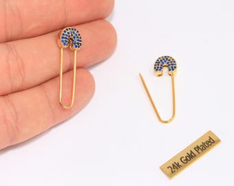 10x32mm 24k Shiny Gold Safety Pin Earrings, CZ Micro Pave Pin Earrings, Statement Earrings, Safety Pin Pull Through Drop Earrings, MTE847