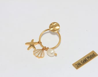 20mm 24k Shiny Gold Stud Earrings, Hoop Earrings With Pearl Shell Charms, Sea Shell Earrings, Starfish And Pearl Earrings, SLM585-1