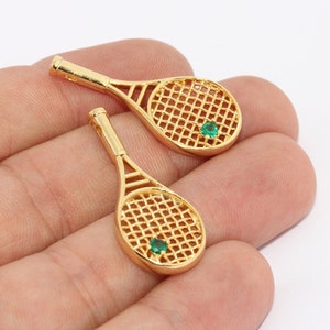 15x34mm 24k Shiny Gold Charm, Tennis Racket Pendant, CZ Charm, Tennis Racket Bracelet, Sport&#39;s Jewelry, Charms, Gold Plated Pendant, ZRCN844