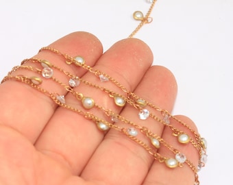 Raw Brass Pearl Beaded Chain, CZ Beaded Chains, White Pearl Necklace Chain, Bulk Lot Chain, Anklet Chain, Raw Brass Chains, CHK4-1