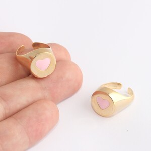 24k Shiny Gold Heart Rings, Enamel Heart Ring, Adjustable Gold Ring, Statement Rings, Pink Heart Ring, Women's Rings, Gold Ring, ETS198