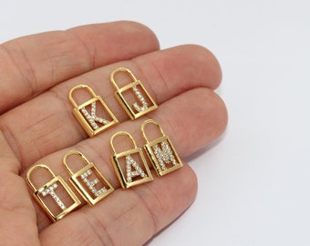 24k Gold Letter Padlock Charm, White Zircon CZ, Personalized Initial Pendant, HRF40