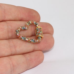 25x28mm 24k Shiny Gold Heart Screw Clasp, Micro Pave Heart Charm, Multi Color Stone Heart Pendant, Gold Plated Necklace Charms, SMR, FNL82