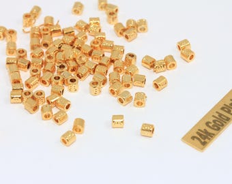 50 Pcs 3x3mm  24K Gold Plated Spacer Beads, Tiny Spacer Tubes, Bracelet Charms, BRT689