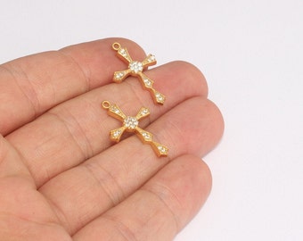 16x25mm 24k Gold Micro Pave Cross Charm, White Cubic Zirconia Religious Pendant, MLS22
