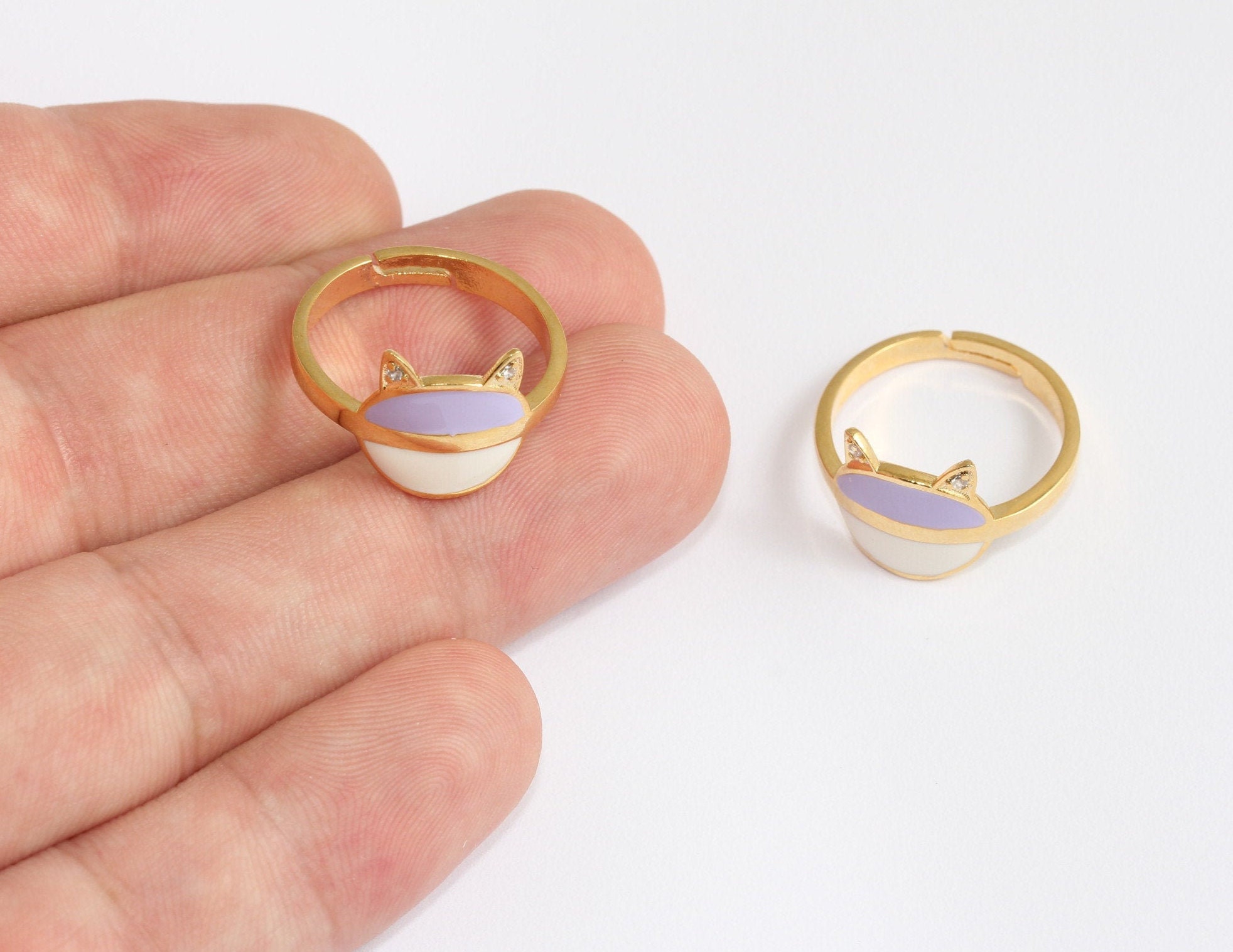 17-18mm 24k Shiny Gold Cat Rings, Purple Enamel Pet Rings, Micro Pave ...