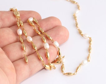 18k Shiny Gold Beaded Chain, Pearl Beaded Chains, Chain With White Pearl Beads, Potato Pearl Beaded Chain, Gold Plated Chains, CHK688