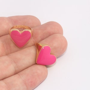 17-18mm 24k Shiny Gold Heart Rings, Pink Enamel Heart Ring, Adjustable Heart Shaped Rings, Pink Color Heart Ring, Women's Gold Rings, SLM388
