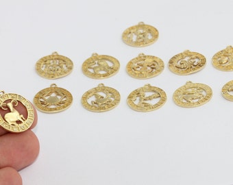 19x21mm Raw Brass Zodiac Charms, Astrology Charms, Brass Zodiac Necklace, Initial Charms, 12 Zodiac Charms, Raw Brass Beads, HRF36