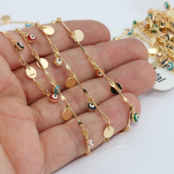 8mm 24k Shiny Gold Coin Chain, Evil Eye Chains, Coin Bracelet Chain, Disc Charms, Evil Eye Beaded Chain, Gold Plated Chains, BXB220