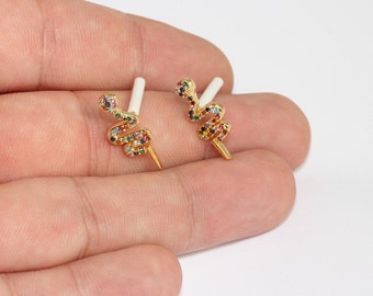 9x20 mm 24k Shiny Gold Snake Earrings, Micro Pave Snake Earrings, Mixed Stone Earrings, CZ Snake Earrings, Gold Plated Earrings, TSE, MLS801