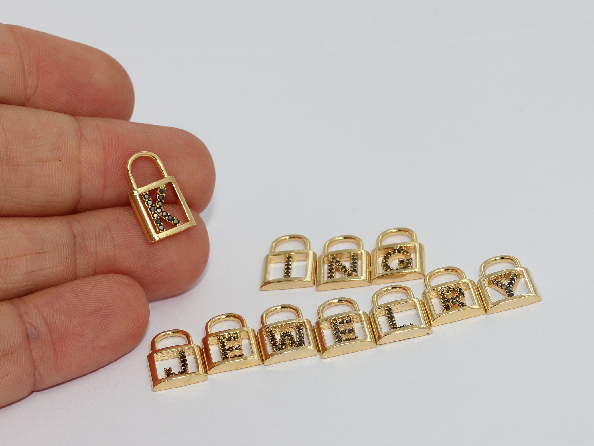 10x16mm 24k Shiny Gold Letter Charms, CZ Padlock Letter Beads, Black ...