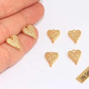 11x14mm 24k Shiny Gold Heart Charms, Love Necklace, Textured Heart Beads, Mini Necklace Heart Pendant, Gold Plated Findings, CHK109-6
