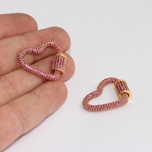 25x28mm 24k Shiny Gold Heart Screw Clasp, Micro Pave Heart Charm, Ruby Stone Heart Pendant, Gold Plated Necklace Charms, SMR, FNL204