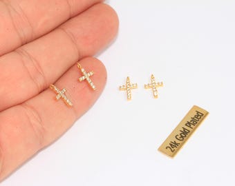 7x11mm 24k Shiny Gold Cross Charms, Micro Pave White Stone Cross Pendant, Cross Charms, Zircon Cross Charms, Cubic Zirconia Cross, ZRCN496