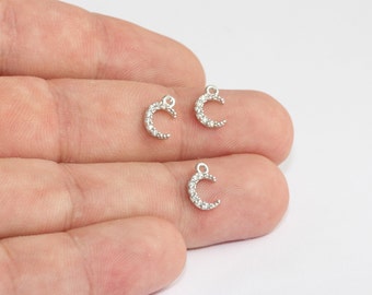 7x10mm Rhodium Plated Moon Charms, Micro Pave Moon Charms, Moon Pendant, CZ Moon Charm, CZ Charms, Silver Plated Charms, FLT, MLS511