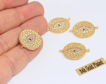 20mm 24k Gold CZ Evil Eye Medallion, Micro Pave Connector Pendant, MLS17