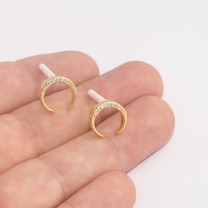 Shiny Gold Horn Earrings, CZ Horn Stud Earrings, Micro Pave