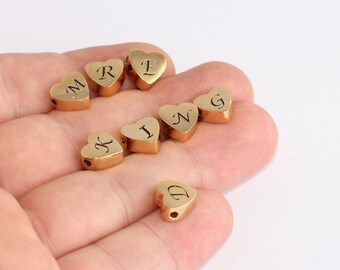 24k Gold Heart Letter Charms, Personalized Initial Beads (10mm), HRF72