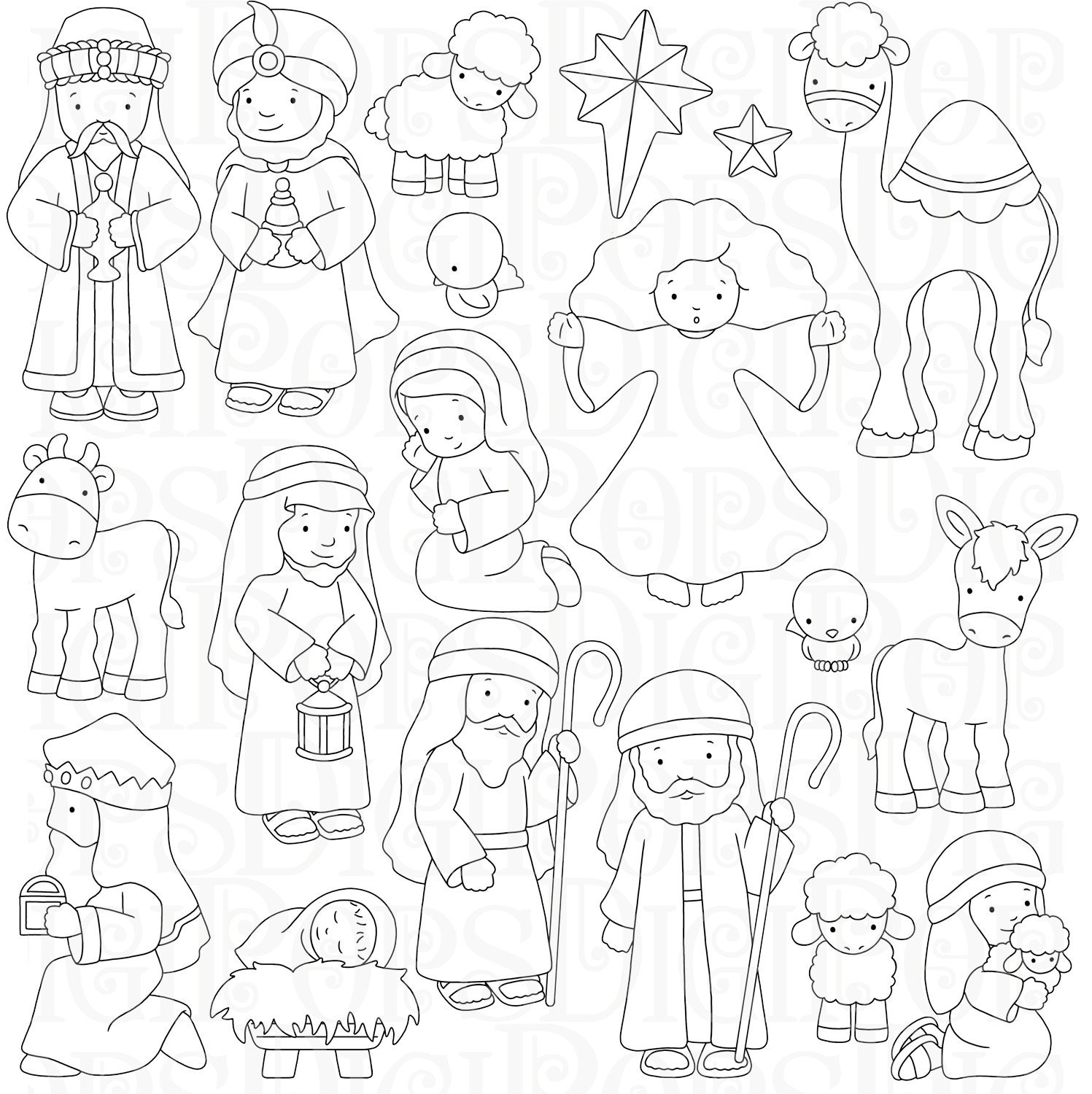 Nativity Digital Clip Art Set And Coloring Pages Personal And Etsy