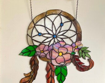 Stained Glass Floral Dreamcatcher with Spirit Feathers