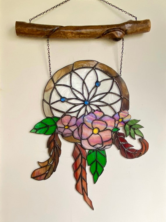 Stained Glass Floral Dreamcatcher with Spirit Feathers
