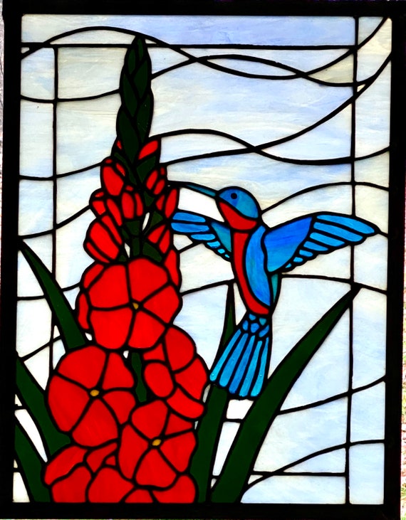 Hummingbird & Gladiolas Sun Catcher/Panel