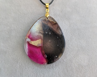 Pink Rhodonite~ Pendant Necklace with Hand-Dyed Silk Incased in Resin