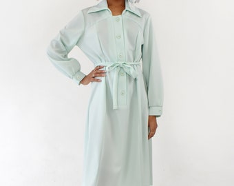 Vintage Midi Shirt Wrap Dress Button Down Collared Long Sleeve Pastel Blue Turquoise Waist Tie Belt Womens Size Small Medium Spring Summer