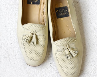 Vintage Selby Off-White Beige Mjukt Läder Tofs Retro Casual Kontors Bekväma Slip On Loafers Platta Skor, Damstorlek 7