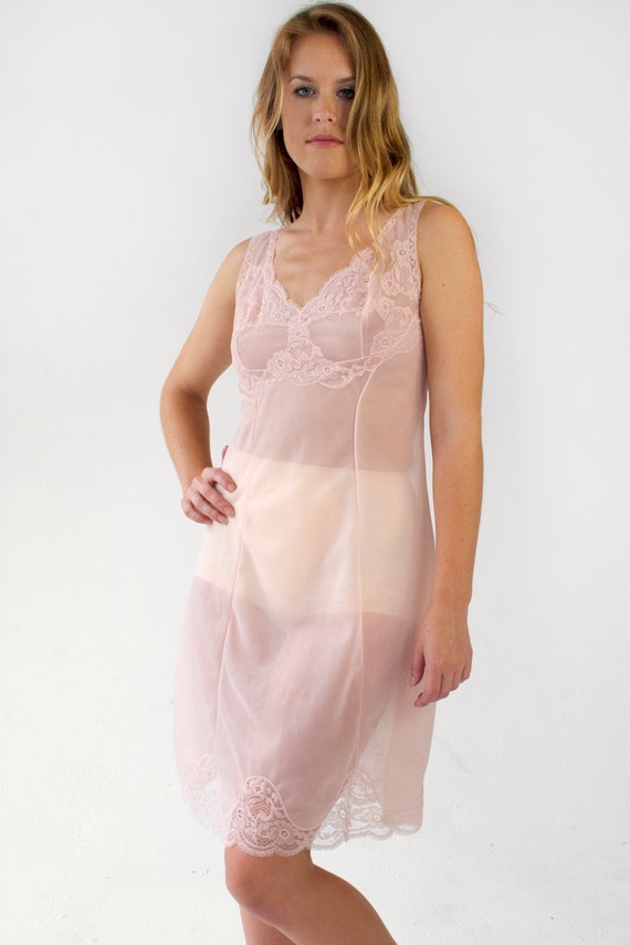 Vintage Lace Slip Dress Pink Sheer Negligee Linge… - image 3