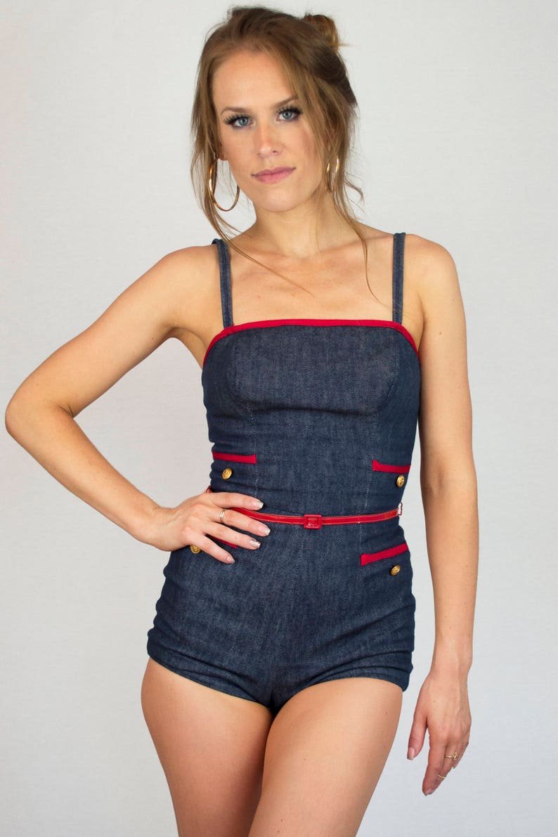 Vintage 1950s Denim One Piece Pin Up Rockabilly Blue Jean Red Trim Nautical Garbo Sleeveless Belted Suit Retro Women/'s Spring Summer Size XS