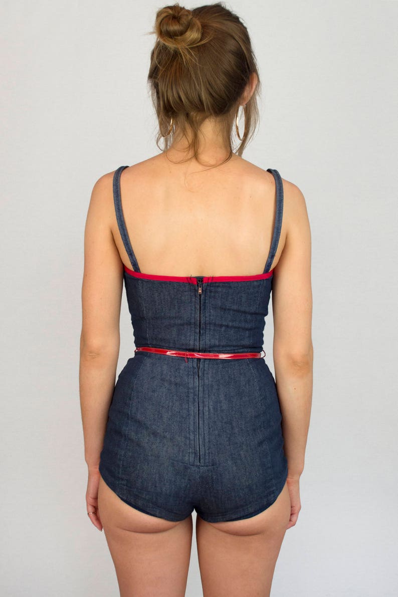 Vintage 1950s Denim One Piece Pin Up Rockabilly Blue Jean Red Trim Nautical Garbo Sleeveless Belted Suit Retro Women/'s Spring Summer Size XS