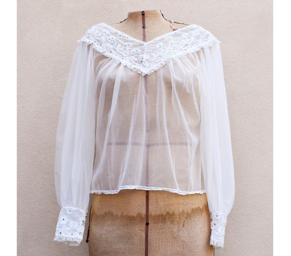 Vintage 1950s Rhinestone Embellished White Sheer … - image 1