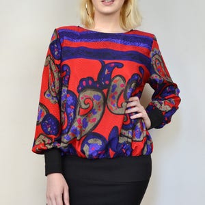 Vintage 1980s Pullover Long Sleeve Red Purple Funky Abstract Paisley Print Streetwear Lightweight Women&#39;s Medium Size 10 Retro Top Blouse