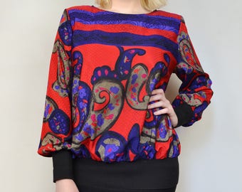 Vintage 1980s Pullover Long Sleeve Red Purple Funky Abstract Paisley Print Streetwear Lightweight Women's Medium Size 10 Retro Top Blouse