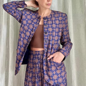 Vintage 1980s Liz Claiborne purple red printed blazer shorts and culotte pants three piece set